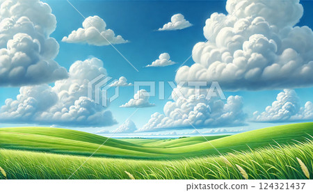 Clouds dancing on the grassland - A green landscape under a blue sky (illustration) 124321437