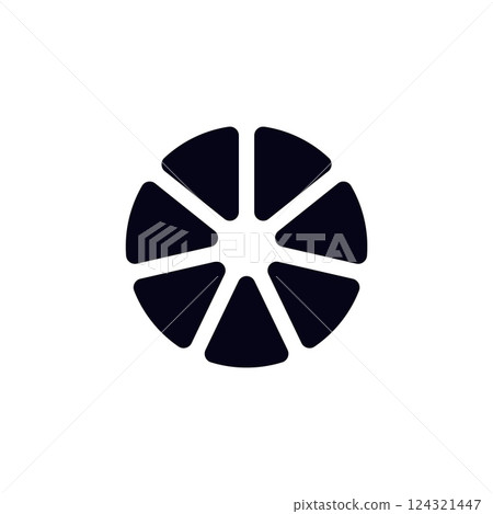 Black citrus-inspired abstract icon with eight segments in circular arrangement Black citrus-inspired abstract icon with eight segments in circular arrangement 124321447
