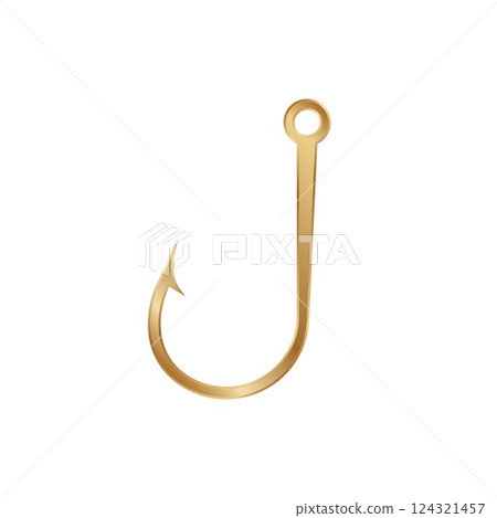 Shiny golden fishing hook isolated on white displaying smooth curves and sleek design 124321457