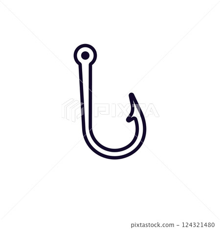 Simple fishing hook icon with minimal curved design for outdoor angling enthusiasts 124321480