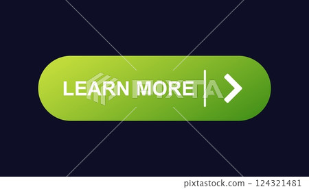 Bright green learn more button with text and arrow for interactive website navigation 124321481