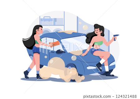 Bikini Car Wash Illustration concept. A flat illustration isolated on white background 124321488