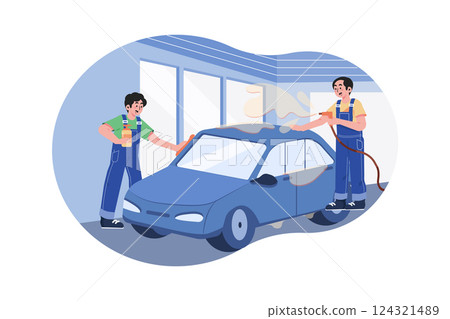 Full Service Car Wash Illustration concept. A flat illustration isolated on white background Full Service Car Wash Illustration concept. A flat illustration isolated on white background 124321489