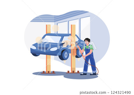 Underbody Car Wash Illustration concept. A flat illustration isolated on white background Underbody Car Wash Illustration concept. A flat illustration isolated on white background 124321490