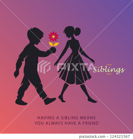 Happy Siblings Day Vector Illustration with Silhouette of Brother and Sister Sharing a Flower 124321567