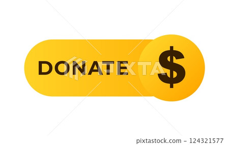 Bright yellow donate button with dollar symbol on simple design 124321577