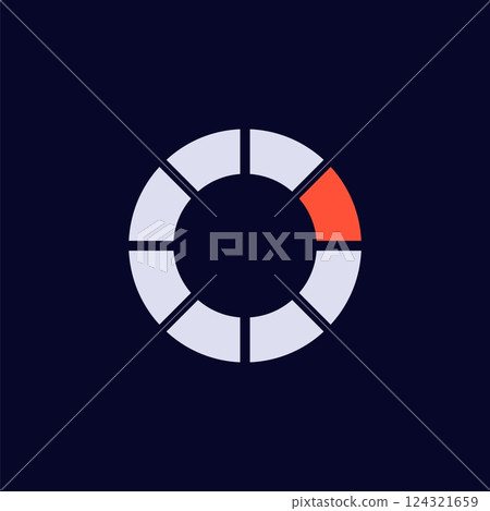 Circular loading icon with progress indicated by round segments and highlighted red section 124321659