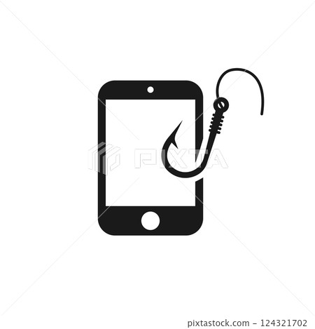 Smartphone icon with a hook symbolizing internet scams and online phishing threats 124321702