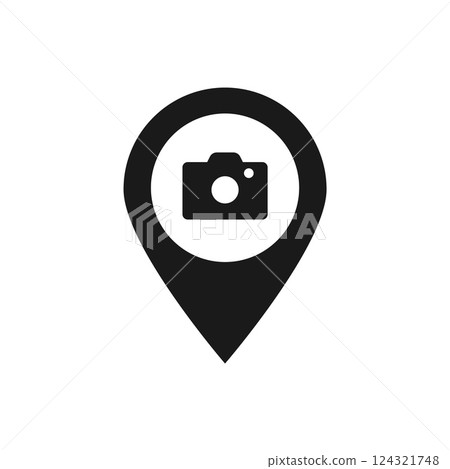 Camera icon inside location pin symbolizing photography and travel 124321748