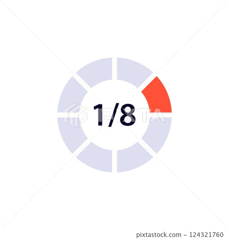 Circular progress indicator showing one eighth completion in simple graphic design Circular progress indicator showing one eighth completion in simple graphic design 124321760