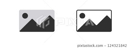 Two minimal mountain icons in gray and black solid shapes with a rising sun design on the side 124321842