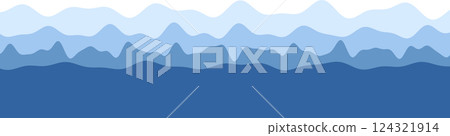 Abstract blue mountain landscape with layered peaks and wavy shapes in light to dark shades Abstract blue mountain landscape with layered peaks and wavy shapes in light to dark shades 124321914