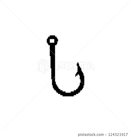 Minimalistic pixel art fishing hook design with black and white detail Minimalistic pixel art fishing hook design with black and white detail 124321917