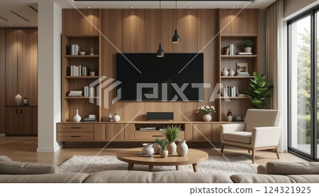 Modern Living Room with Wooden Wall Panel, Flat Screen TV, and Stylish Decor. Modern Living Room with Wooden Wall Panel, Flat Screen TV, and Stylish Decor. 124321925