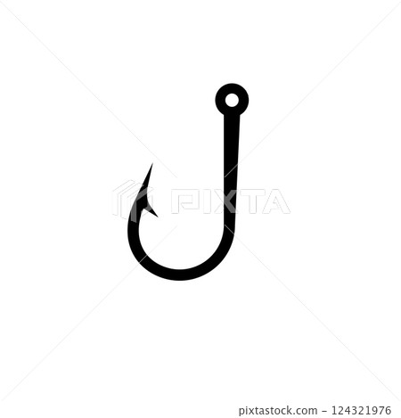 Simple black fishing hook silhouette emphasizes classic design and functionality Simple black fishing hook silhouette emphasizes classic design and functionality 124321976