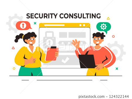 Security Consulting Illustration Featuring Information Technology and Ethical Hackers Conducting Testing, Development, and Cybersecurity Consulting 124322144