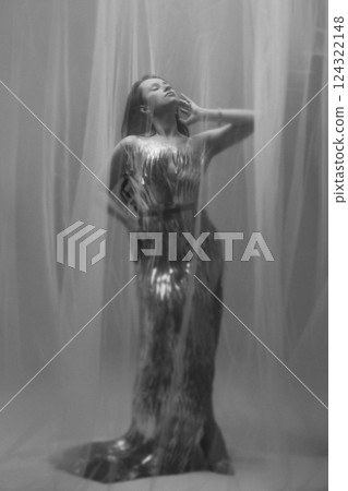 Dreamy Portrait of a Woman in a Silver Dress Behind Sheer Fabric 124322148