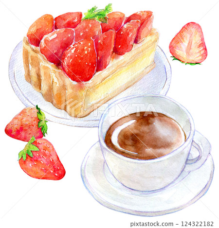 Watercolor illustration: Strawberry tart set menu 124322182