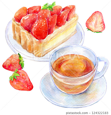 Watercolor illustration: Strawberry tart set menu Watercolor illustration: Strawberry tart set menu 124322183