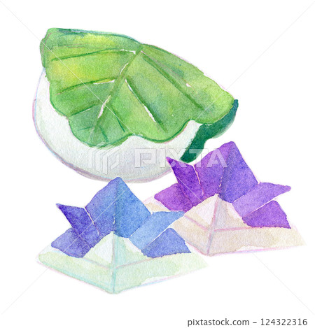 水彩插圖：柏餅和摺紙頭盔 - 五月的圖片 124322316