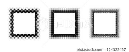 Black halftone square frame set. Dotted gradient border collection. Pop art comic dot picture holders for banner template, emblem, poster, box, copy space. Vector rasterized frame element pack Black halftone square frame set. Dotted gradient border collection. Pop art comic dot picture holders for banner template, emblem, poster, box, copy space. Vector rasterized frame element pack 124322437