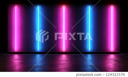 Neon lights in dark room create futuristic ambiance 124322570