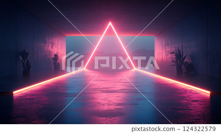 Futuristic room with neon triangle and reflections 124322579