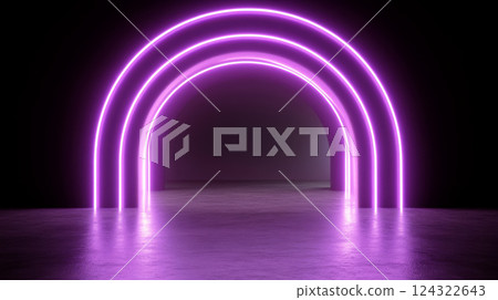 Neon arches glow in dark futuristic space Neon arches glow in dark futuristic space 124322643