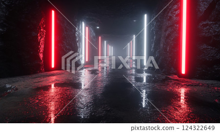 Futuristic tunnel with neon red and white lights Futuristic tunnel with neon red and white lights 124322649