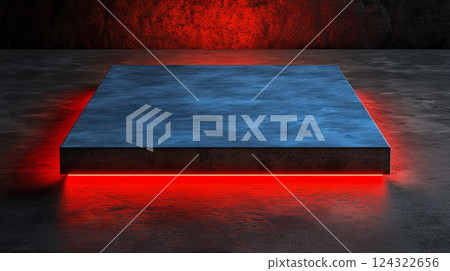 Futuristic platform with red neon lights and dark background Futuristic platform with red neon lights and dark background 124322656