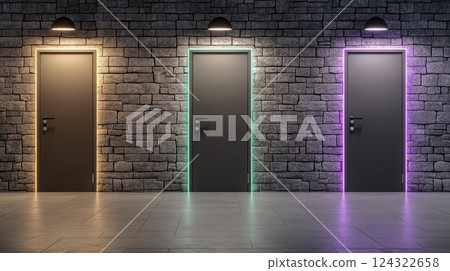 Three doors with neon lights on stone wall Three doors with neon lights on stone wall 124322658