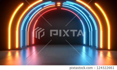 Neon lit futuristic tunnel with vibrant colors Neon lit futuristic tunnel with vibrant colors 124322661