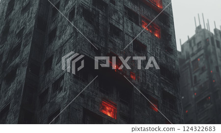 Dark urban building with glowing red windows Dark urban building with glowing red windows 124322683