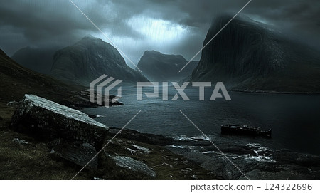 Dramatic fjord landscape with dark clouds and mountains 124322696