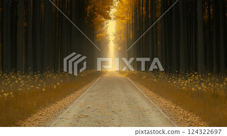 serene forest path with golden autumn leaves serene forest path with golden autumn leaves 124322697