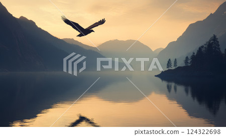 bird soars over tranquil lake at sunset bird soars over tranquil lake at sunset 124322698