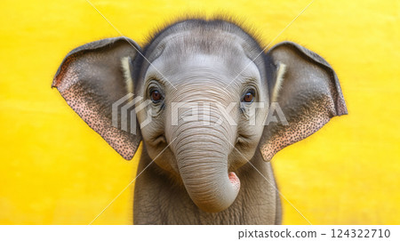 Young elephant against vibrant yellow background Young elephant against vibrant yellow background 124322710