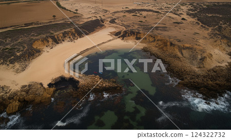 Aerial view of secluded beach with rocky coastline 124322732