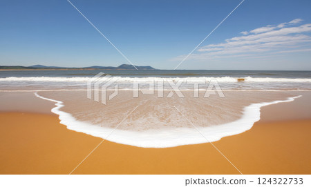 Golden sandy beach with gentle waves under clear blue sky 124322733