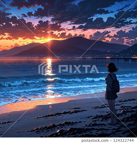 夕陽下看海的女孩 124322744