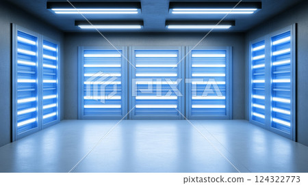 Futuristic room with glowing neon lights 124322773