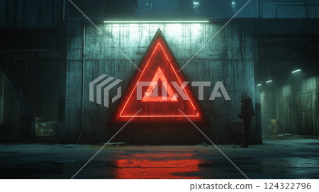 Futuristic scene with neon triangle on concrete wall 124322796