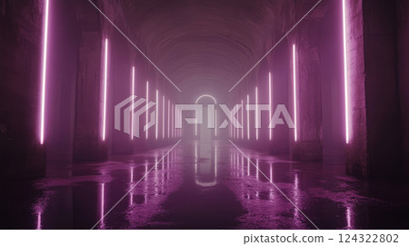 Futuristic corridor with neon lights and reflections Futuristic corridor with neon lights and reflections 124322802