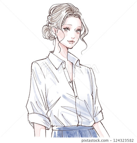 一位穿著西裝的女士正在參觀 一位穿著西裝的女士正在參觀 124323582