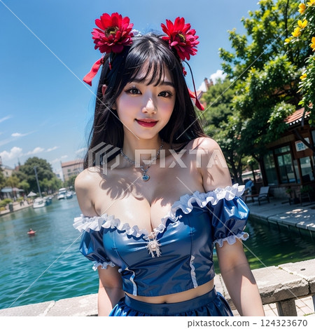 身著萬聖節服裝在水邊的女人 124323670