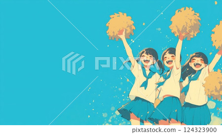 High school girls cheering with pom-poms High school girls cheering with pom-poms 124323900