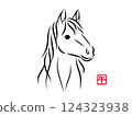Illustration of a beautiful white horse's face with gentle eyes. Stylish New Year's card material for the Year of the Horse in a sumi-e style. Vector Illustration of a beautiful white horse's face with gentle eyes. Stylish New Year's card material for the Year of the Horse in a sumi-e style. Vector 124323938