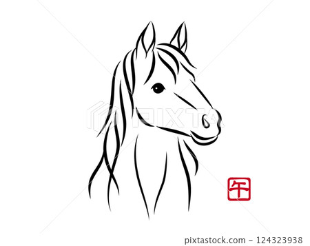 Illustration of a beautiful white horse's face with gentle eyes. Stylish New Year's card material for the Year of the Horse in a sumi-e style. Vector 124323938