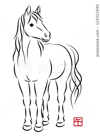 一匹站立的白馬的美麗插圖。採用水墨畫風格的時尚馬年新年賀卡材質。向量 124323940