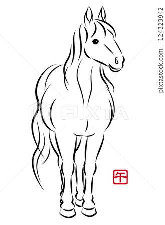Beautiful illustration of a standing white horse. Stylish New Year's card material for the Year of the Horse in a sumi-e style. Vector Beautiful illustration of a standing white horse. Stylish New Year's card material for the Year of the Horse in a sumi-e style. Vector 124323942